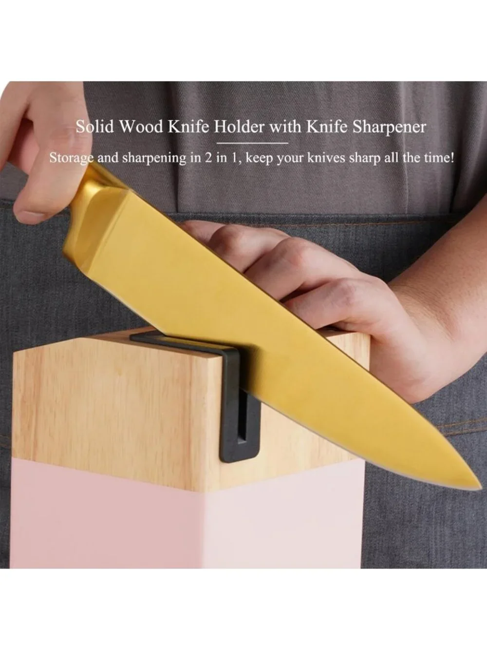 Aesthetic Gold & Pink Kitchen Knife Set with Wooden Block & Sharpener - Cute